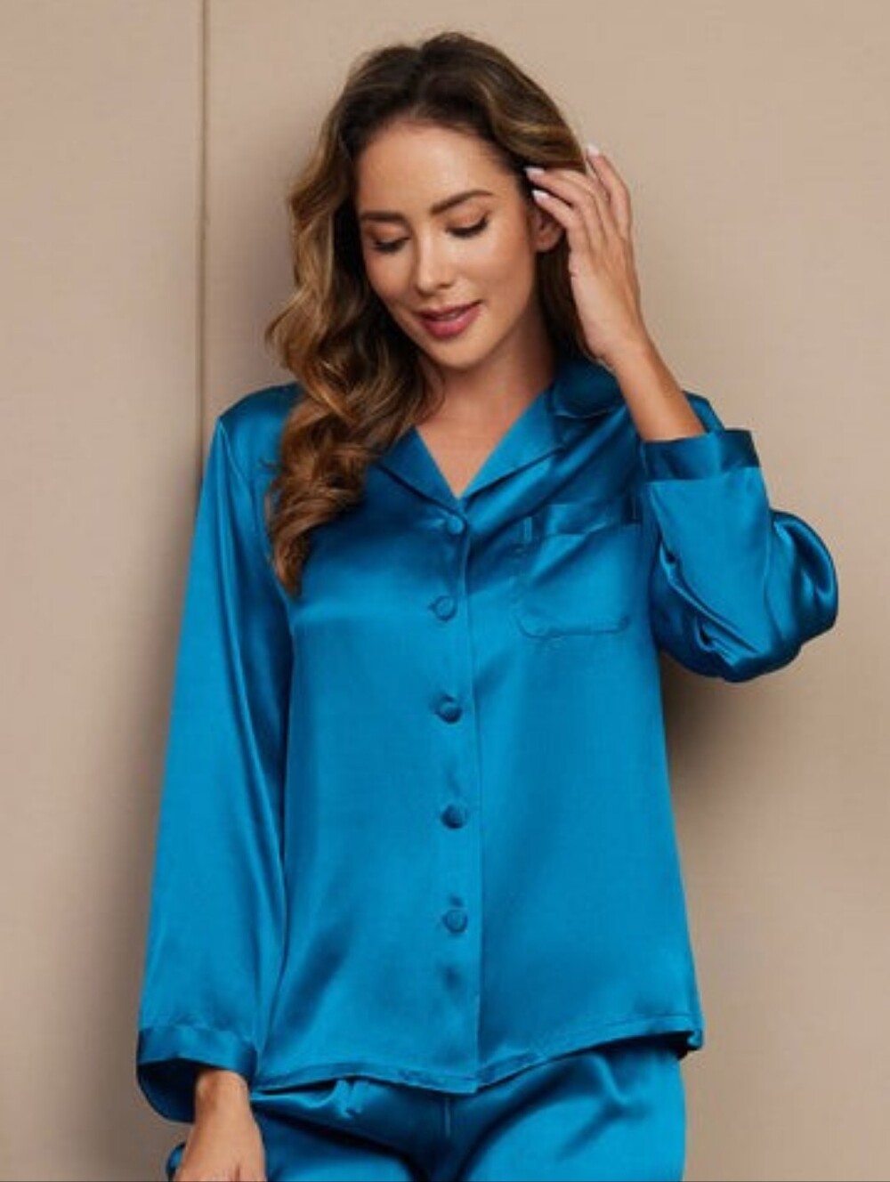 SilkSilky Mulberry Silk Women's Long Sleeve Pajama Top Blouse Teal Aqua Small